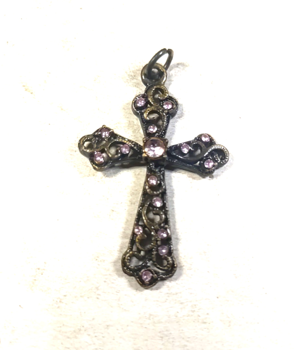 Small Pendant Cross Dark Copper And Tone Pink Rhinestones